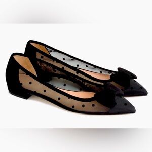 J. Crew Polka Dot Mesh Pointy Toe Bow Black Flats. Size 7 1/2. Suede. Classy.